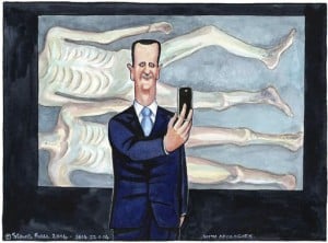 The Guardian gazetesi, Esad'ın fotoğrafların önünde 'selfie' çekerken resmedildiği bir karikatür yayımladı.