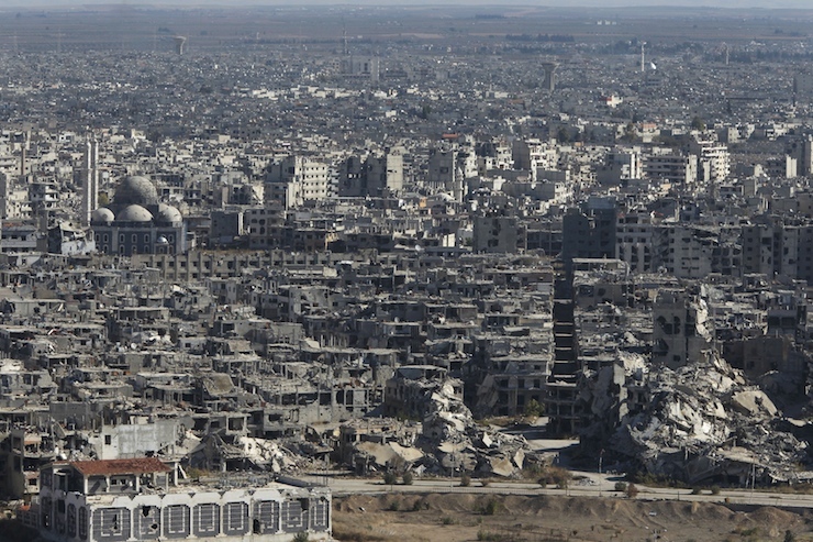A general view shows the Khaled Ibn al-Waleed mosque amid damaged buildings in the old city of Homs, Syria