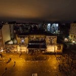 German riot police guard the 'Rote Flora' cultural centre after clashes during a demonstration in Hamburg