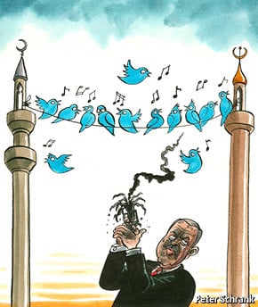 Economist, haberinde Erdoğan'ı iki minare arasındaki Twitter kuşlarını öldürmeye çalışırken tasvir etti.