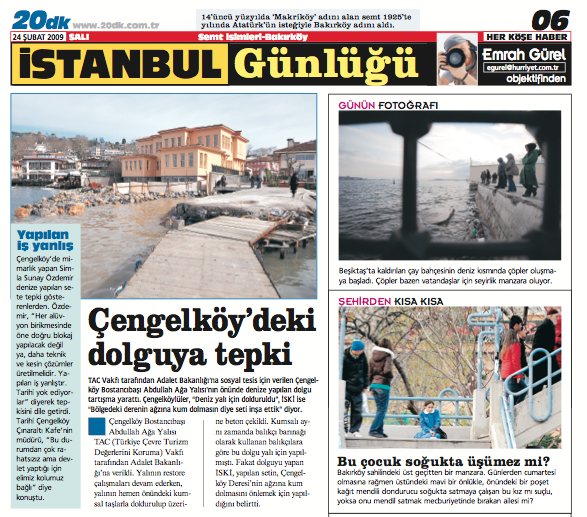 Muhabir Emrah Gürel'in, söz konusu yalıyla ilgili 24 Şubat 2009 tarihli İstanbul Günlüğü gazetesinde yer alan haberi. Kaynak: @gurel_emrah