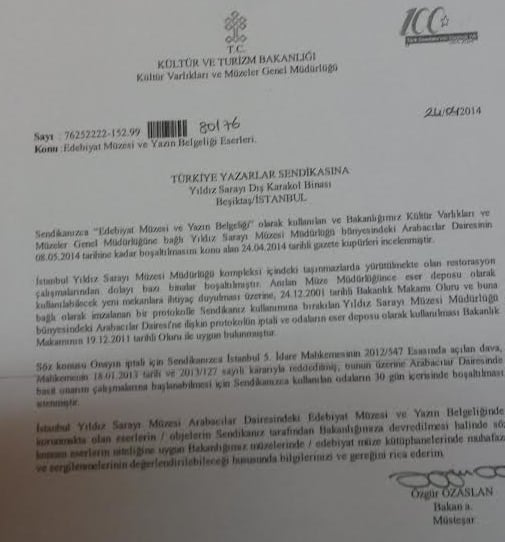 Kültür ve Turizm Bakanlığı'ndan TYS'ye gönderilen 24 Nisan 2014 tarihli yazı