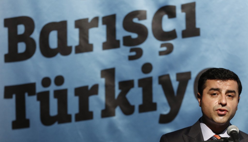 Selahattin Demirtas, co-chairman of the pro-Kurdish Peoples' Democracy Party and presidential candidate, makes a speech during a meeting to launch his election campaign in Istanbul