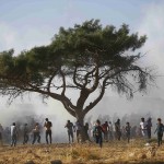 Turkish security forces use tear gas to disperse Turkish Kurds near the Mursitpinar border crossing near town of Suruc