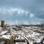 Storm clouds and snow blows off Lake Erie in Buffalo, New York