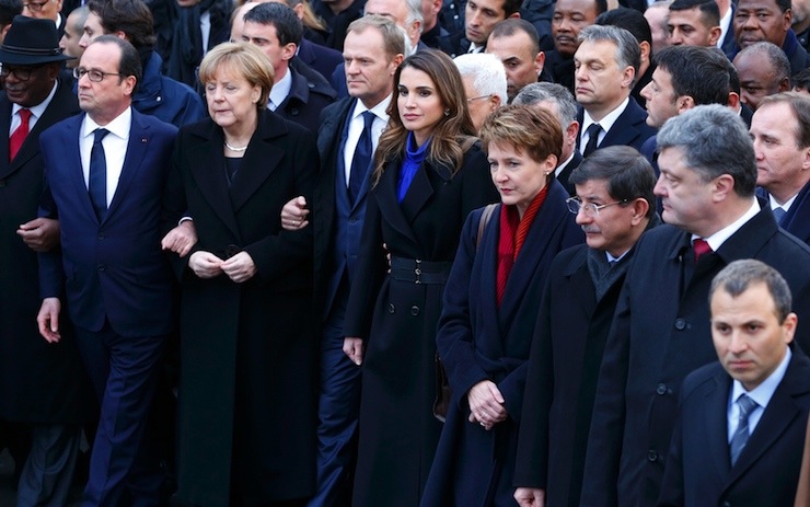 French President Francois Hollande and heads of state attend the solidarity march in the streets of Paris