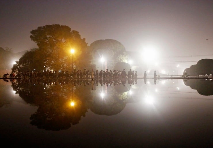 Band members of the Indian security forces rehearse for the Republic Day parade in New Delhi