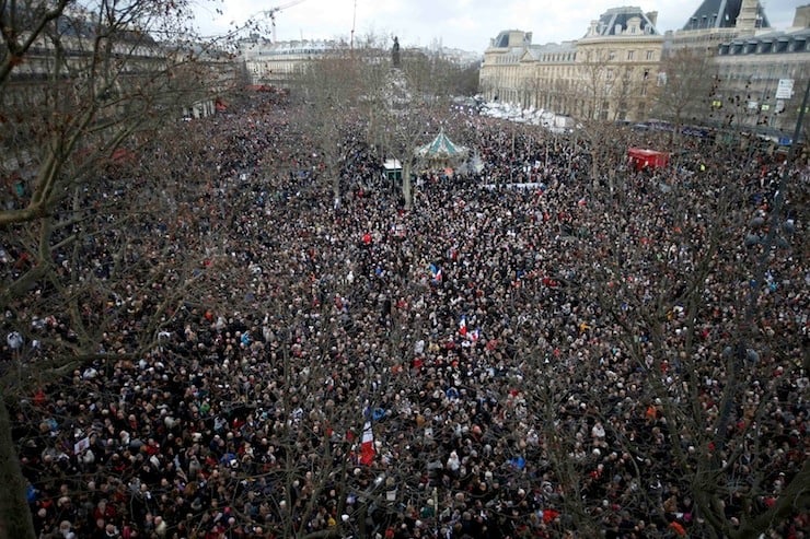Hundreds of thousands of people gather on the Place de la Republique to attend the solidarity march (Rassemblement Republicain) in the streets of Paris
