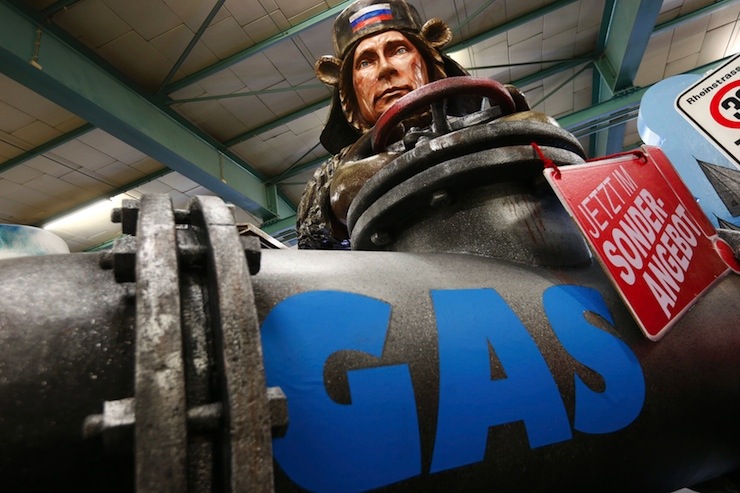 A papier mache figure for carnival floats depicting Russian President Putin is pictured during preparations for the upcoming Rose Monday carnival parade in Mainz
