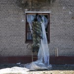 Fighter with the separatist self-proclaimed Donetsk People's Republic army seals a broken window in the town of Debaltseve