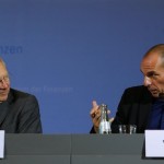 Greek Finance Minister Varoufakis and German Finance Minister Schaeuble address news conference at the finance ministry in Berlin