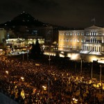 People gather for an anti-austerity demonstration outside the Greek parliament in Athens