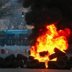 A street blockade of anti-capitalist protesters burns near the new ECB headquarters in downtown Frankfurt