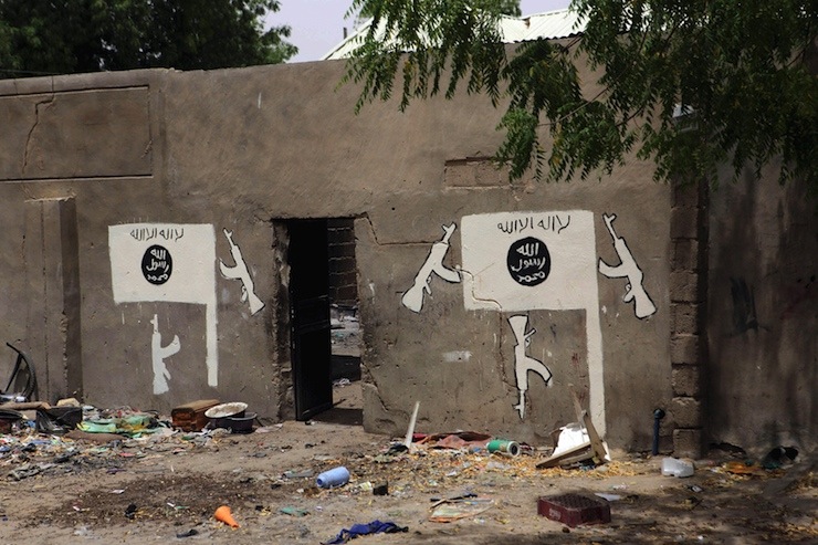 A wall painted by Boko Haram is pictured in Damasak