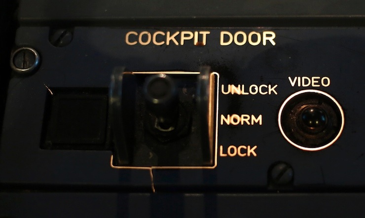 A picture inside a flight simulator shows the door locking system of an Airbus A320 in Vienna