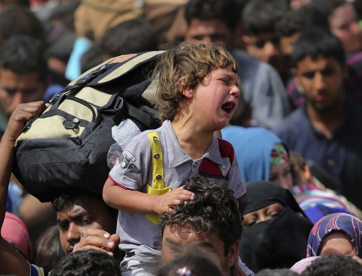 A child cries as displaced Sunni people fleeing the violence in the city of Ramadi, arrive at the outskirts of Baghdad
