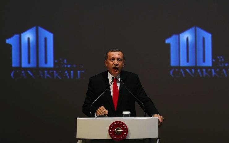 Turkey's President Erdogan makes a speech during a Peace Summit ahead of the 100th anniversary of the Battle of Gallipoli, in Istanbul