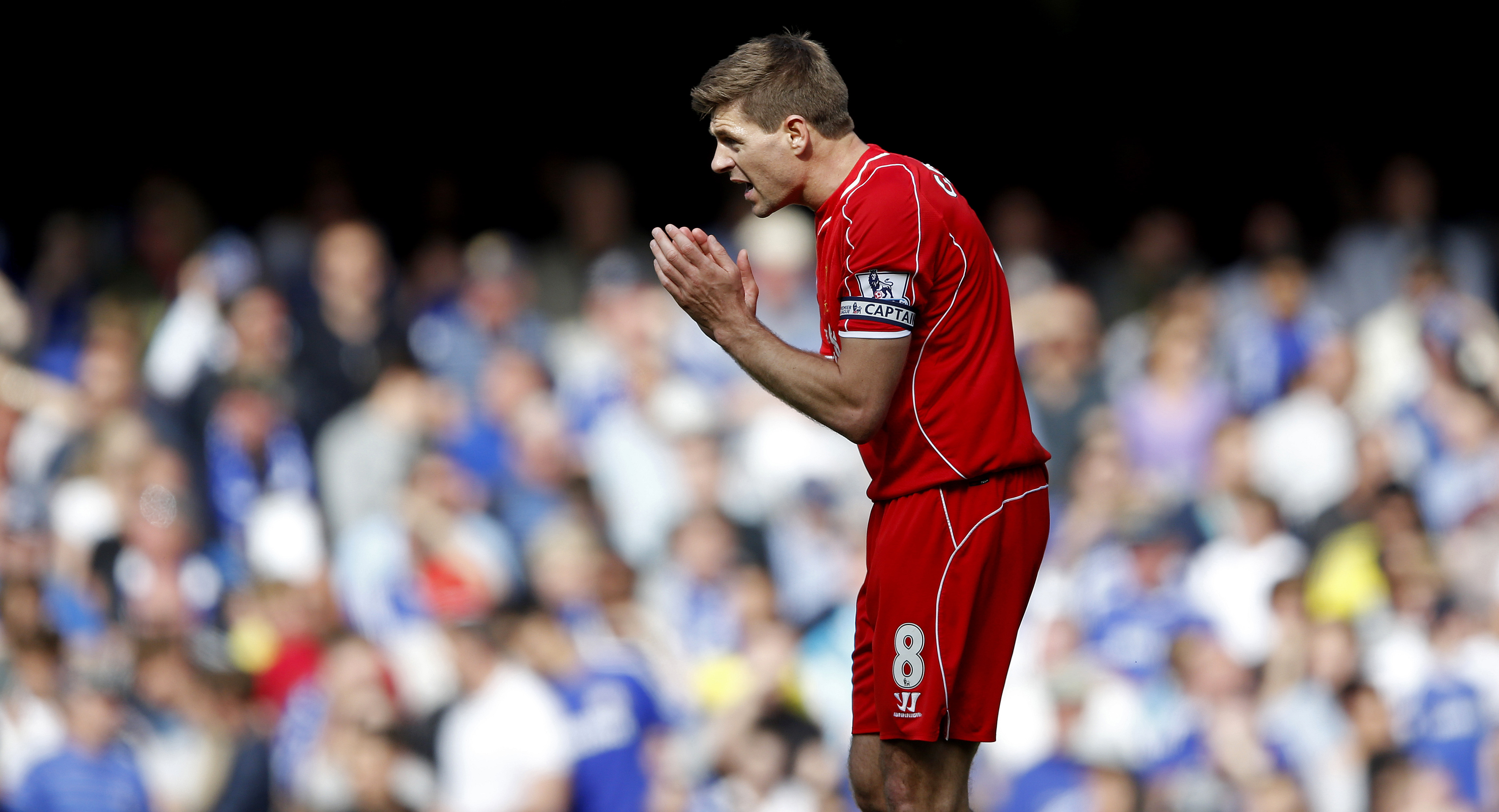 Football - Chelsea v Liverpool - Barclays Premier League - Stamford Bridge - 10/5/15 Steven Gerrard celebrates after scoring the first goal for Liverpool Action Images via Reuters / Carl Recine Livepic EDITORIAL USE ONLY. No use with unauthorized audio, video, data, fixture lists, club/league logos or "live" services. Online in-match use limited to 45 images, no video emulation. No use in betting, games or single club/league/player publications.  Please contact your account representative for further details.