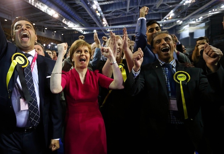 Sturgeon, leader of the Scottish National Party, reacts surrounded by candidates and supporters at a counting centre in Glasgow