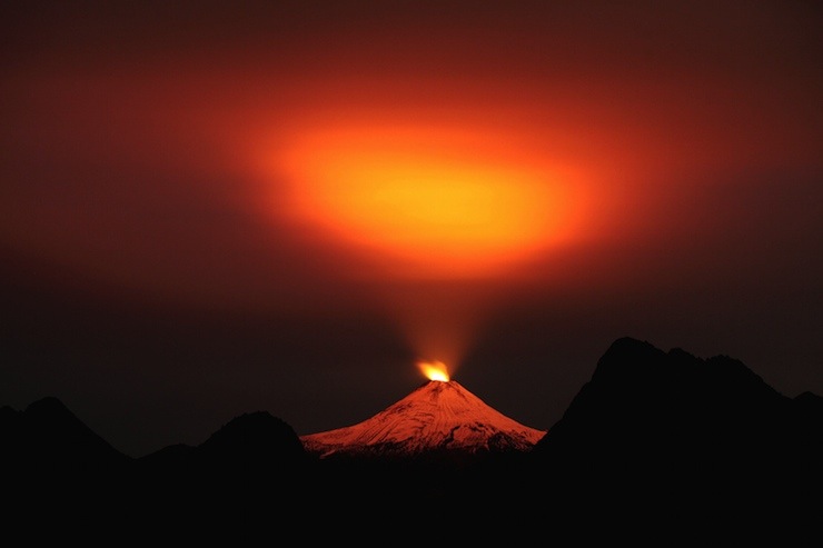 The Villarrica Volcano is seen at night in Pucon town