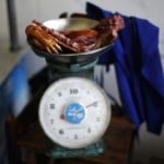 Dog meat are weighed on a scale at a dog meat restaurant ahead of local dog meat festival in Yulin