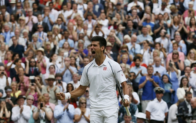 Novak Djokovic of Serbia celebrates after winning his Men's Singles Final match against Roger Federer of Switzerland at the Wimbledon Tennis Championships in London