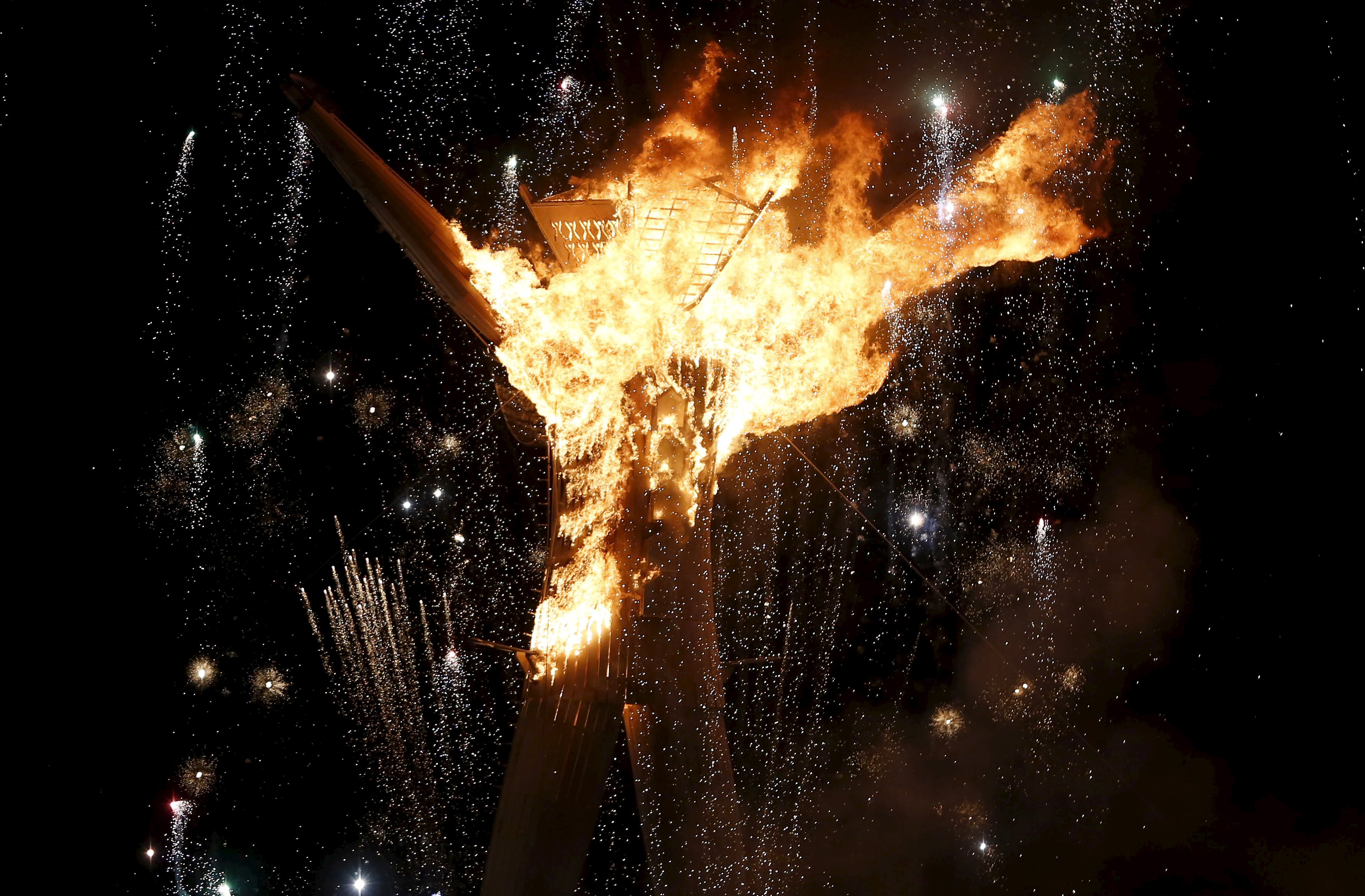 The Man is burned during the Burning Man 2015 "Carnival of Mirrors" arts and music festival in the Black Rock Desert of Nevada