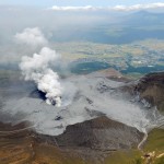 An aerial view shows volcanic ash around the eruptive crater of Mount Aso in Aso, Kumamoto prefecture, southwestern Japan