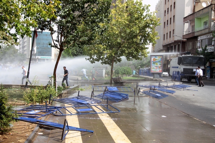 Riot police use water cannon to disperse protesters in the Kurdish dominated southeastern city of Diyarbakir, Turkey