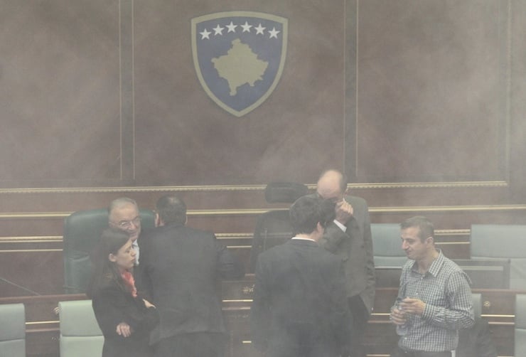 Teargas is seen released in Kosovo parliament in Pristina