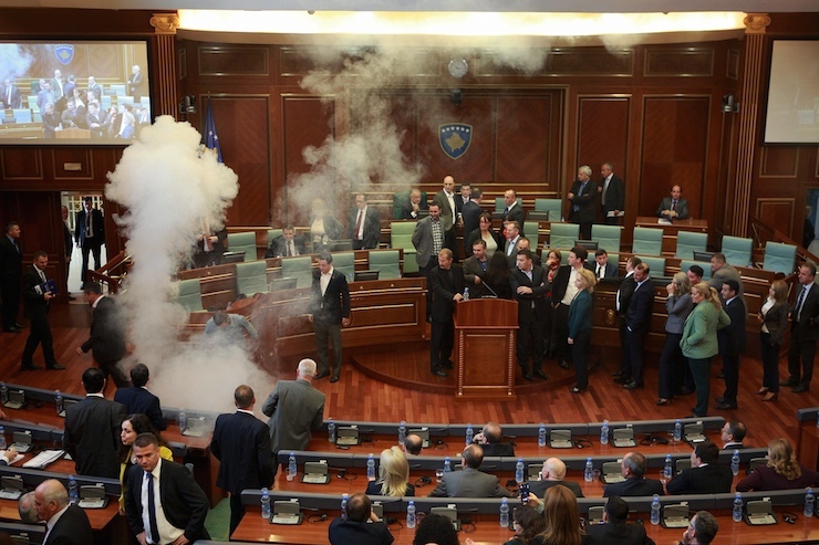 Teargas is seen released in Kosovo parliament