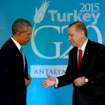 Obama and Erdogan shake hands after speaking to reporters following their meeting at the Regnum Carya Resort in Antalya, Turkey
