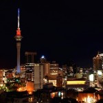 Auckland's Sky Tower is lit in the blue, white and red colors of the French flag in honour of the victims of the attacks in Paris, in Auckland