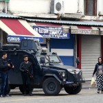 Police take security measures during an operation in Sur district, where an unidentified gunman on Saturday killed a top Kurdish lawyer, in the Kurdish-dominated city of Diyarbakir
