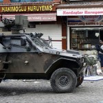 Police take security measures during an operation in Sur district, where an unidentified gunman on Saturday killed a top Kurdish lawyer, in the Kurdish-dominated southeastern city of Diyarbakir
