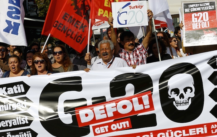 Leftist protesters demonstrate during the Group of 20 (G20) leaders summit in the Mediterranean resort city of Antalya