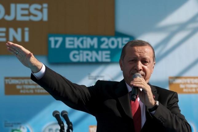 Turkish President Tayyip Erdogan gives a speech during an inauguration ceremony of a water pipeline project linking Turkey to northern Cyprus