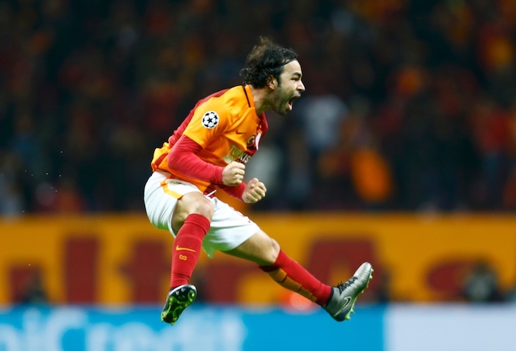 Football Soccer - Galatasaray v Astana - UEFA Champions League Group Stage - Group C - Ali Sami Yen, Istanbul, Turkey - 8/12/15 Selcuk Inan of Galatasaray reacts after scoring a goal. REUTERS/Osman Orsal