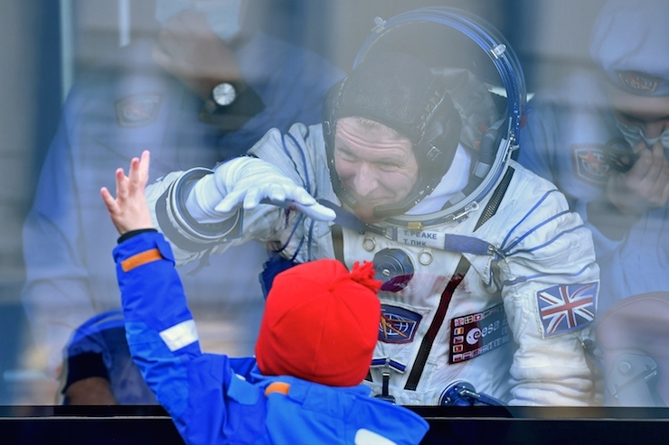 Member of the International Space Station expedition 46/47, British ESA astronaut Timothy Peake chats with his children during a sending-off ceremony at the Baikonur cosmodrome in Kazakhstan