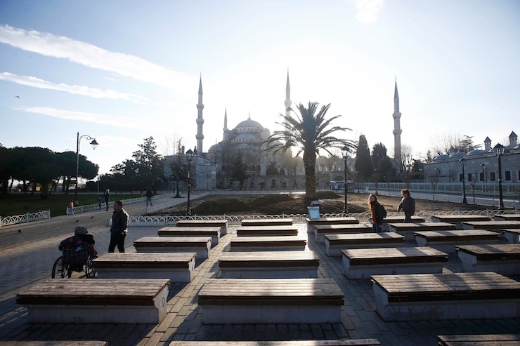 A deserted square is pictured in front of the New Mosque, following an explosion in Istanbul, Turkey January 12, 2016. A Syrian suicide bomber is thought to be responsible for an attack which killed at least ten people including foreigners in the heart of Istanbul's historic Sultanahmet tourist district on Tuesday, President Tayyip Erdogan said. There was a high probability Islamic State militants were behind the blast near the Blue Mosque and Hagia Sophia, major tourist sites in the centre of one of the world's most visited cities, two senior Turkish security officials told Reuters. REUTERS/Osman Orsal