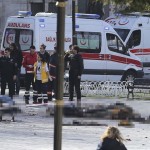 Rescue teams gather at the scene after an explosion in central Istanbul