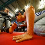 Papier mache caricature figure of Turkish President Erdogan is prepared for Rose Monday carnival parade in Mainz