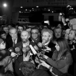 Editor-in-chief of Cumhuriyet Can Dundar and Ankara bureau chief Gul speak to the media after being released from prison outside the Silivri prison complex near Istanbul