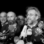 Editor-in-chief of Cumhuriyet Can Dundar and Ankara bureau chief Gul speak to the media after being released from prison outside the Silivri prison complex near Istanbul