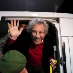 Editor-in-chief of Cumhuriyet Can Dundar reacts after being released from prison outside the Silivri prison complex near Istanbul