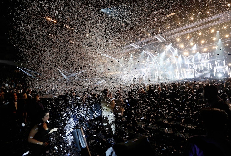 Confetti falls on attendees at end of the show at the 58th Grammy Awards in Los Angeles