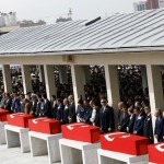 Turkish flag-draped coffins of the victims of Wednesday's car bombing, are placed at Kocatepe mosque during a funeral ceremony in Ankara