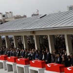 Turkish flag-draped coffins of the victims of Wednesday's car bombing, are placed at Kocatepe mosque during a funeral ceremony in Ankara
