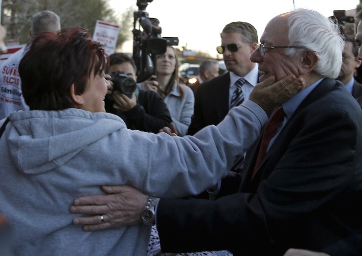 U.S. Democratic presidential candidate Bernie Sanders greets Culinary Local 226 protestors outside Sunrise Hospital and Medical Center in Las Vegas