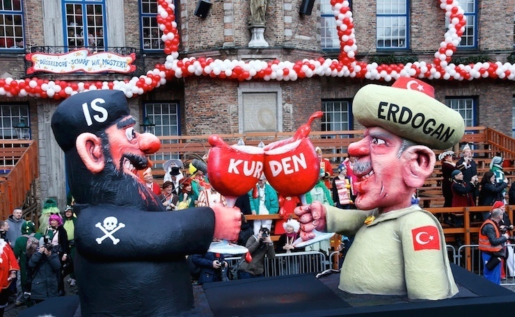 Carnival float is displayed at one location after Rosenmontag parade cancelled in Duesseldorf